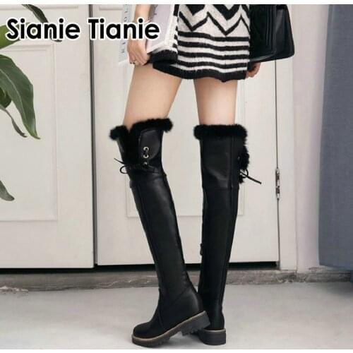 Sianie Tianie winter warm faux fur womans boots round toe chunky low heels over-the-knee thigh high boots women overknee boots