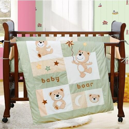 Discount! 4PCS Embroidery baby bedding set crib bed set cartoon baby crib set Quilt ,include(bumper+duvet+sheet+pillow)