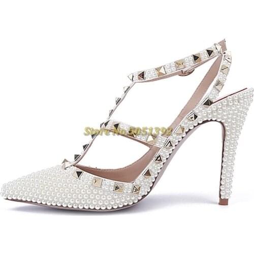 White Pearls Decor Pumps Sexy Pointed Toe T Strap Cut Out Dress Women Shoes Rivet Ladies Elegant Custom Made Dress Shoes