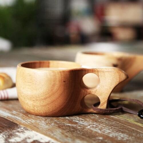 High Quality Japan Style Zakka Creative Milk Cups Eco-Friendly Wooden Mugs Rubber Wood Breakfast Tea Cup With Rope Brief Simple