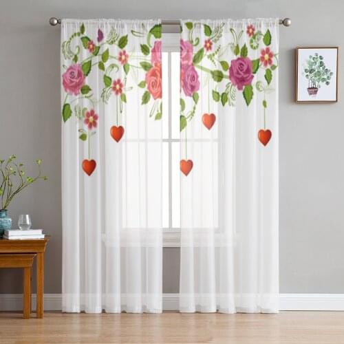 Rose Flower Rattan Green Leaf Love Heart Sheer Curtains for Living Room Bedroom Tulle Curtains Kitchen Window Treatments Panel
