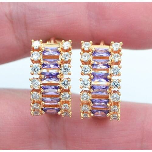 Gold Color Women Fashion Luxury Purple Cubic Zirconia CZ Huggie Hoop Earrings Jewelry