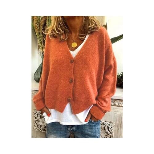 Autumn And Winter Fashion New Womens Solid Color V-neck Button Casual Loose Sweater Knitted Cardigan