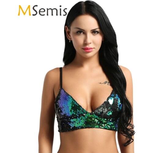 Green Womens Lingerie Pole Dance Top Fashion Dazzling Glittery Sequins Wire-free Removable Pad Bra Top for Raves Dances Clubwear