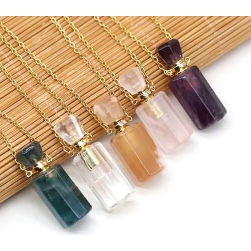 Perfume Bottle Multi-Kind Natural Stone Essential Oil Bottles White Quartz Amazonite Amethysts Women Necklace Dropshipping 60CM