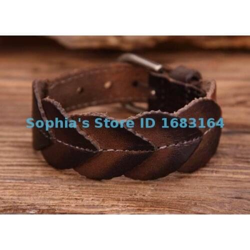 G83 Coffee Delicate Leaf Texture Top Grain Cow Leather Wristband Bracelet Cuff Mens