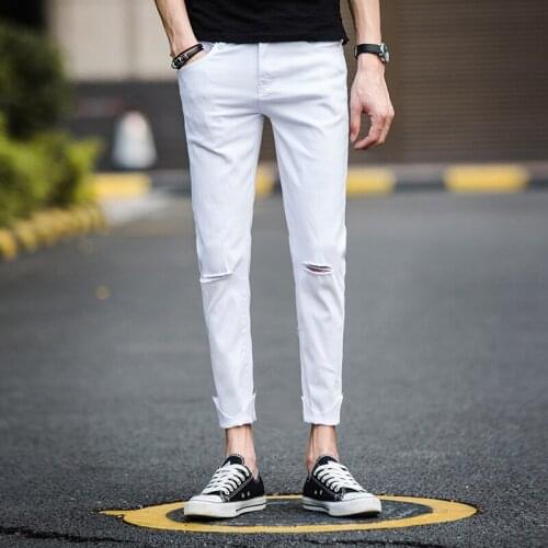 2021 Spring Summer Men Jeans with Knee Rips Stretch Solid Korean Causal Slim Pants Ankle Length Black White Hole Denim Trousers