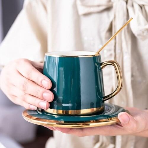 European Luxurious Ceramics Coffee Cup Sets With Lid Dish Spoon Gift Box Suit Mugs Milk Tea Coffee Green Drinkware 350ml