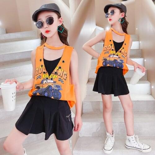 2021 New Girls Summer Vest Loose Thin Sleeveless Cartoon T-shirt, Big Childrens Fashionable Skirt Three-piece Suit Kids Clothes