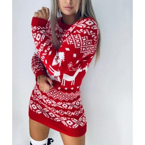 New Women Christmas Sweater Dress Slim Warm Christmas Deer Winter Knitted Pullovers Long Sleeve Red Black Sweater Plus Size Top
