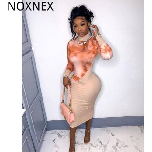 NOXNEX Maxi Dress Tie Dye Print Women Turtleneck Long Sleeve Patchwork Chic Midi Dresses Long Outfits Female Clothing