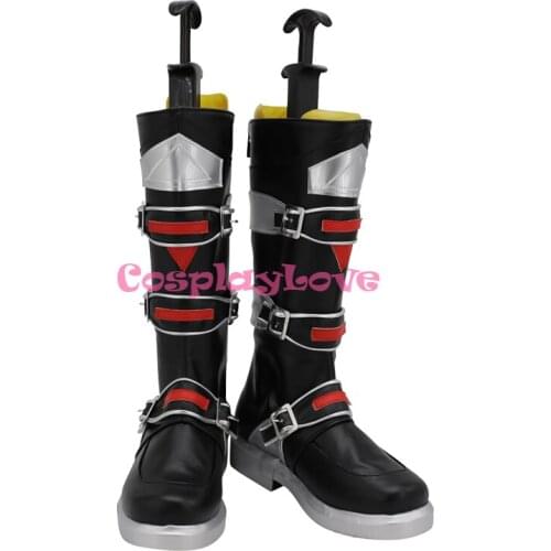 Arknights Earthspirit Black Red Cosplay Shoes Long Boots Leather Custom Made For Party Christmas Halloween