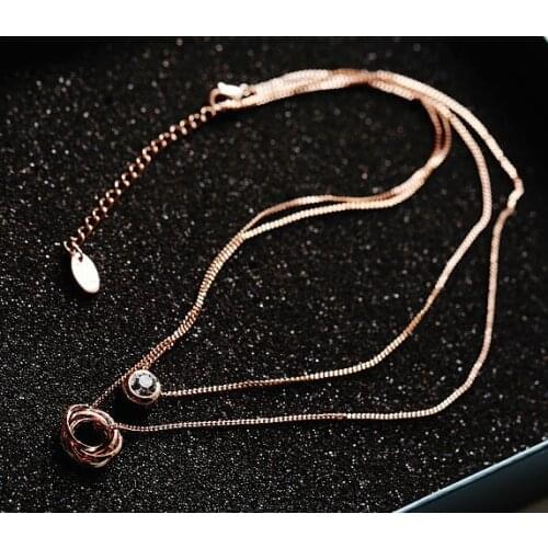 NEW rose gold color cubic zircon double layer fashion round circle choker necklace Korean jewelry Christmas gift