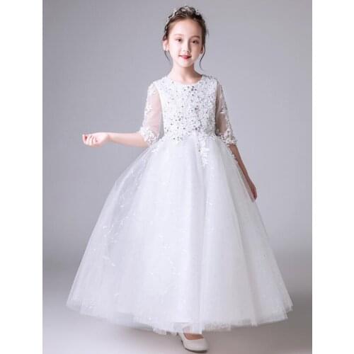 Sequin Tulle Flower Girl Dresses For Wedding Half Sleeve Girl Formal Birthday Party Dress Long Princess First Communion Gown