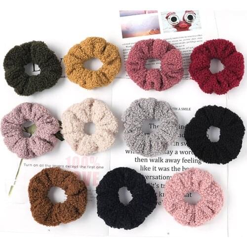 2021 New Women Cute Teddy Velvet Scrunchies Elastic Hair Band Faux Fur Hair Rope Girls Hair Tie Accessories Ponytail Holder