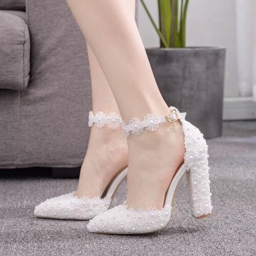 Summer Heel shoes Lace shoes wedding shoes Ankle strap Buckle Sandals Pearl Flower party dress shoes white Beads shoes woman