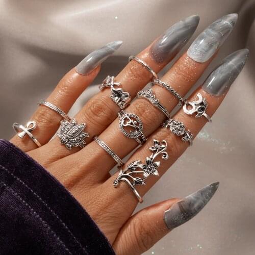 Vintage Silver Color Rings for Women Rose Flower Elephant Finger Midi Knuckle Bohemia Jewelry Anillos