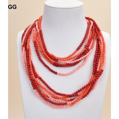 GuaiGuai Jewelry 40" 6 Strands Multi Color Smooth Round Coral Long Necklace