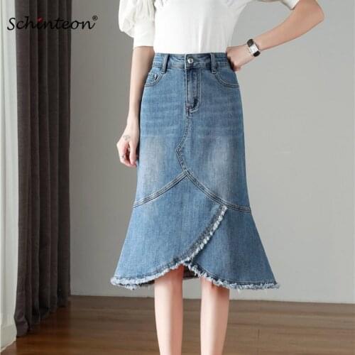 Schinteon Women Denim Mermaid Skirt Jeans High Waist Skinny Asymmetrical Office Lady Skirt Party Spring Summer 2021 New S-9XL