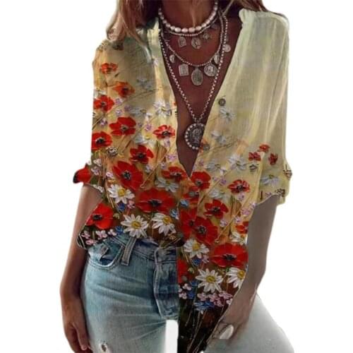 50%HOT Spring/Summer Women Shirt Long Sleeve Floral Print Single-breasted Loose Blouse Top for Office