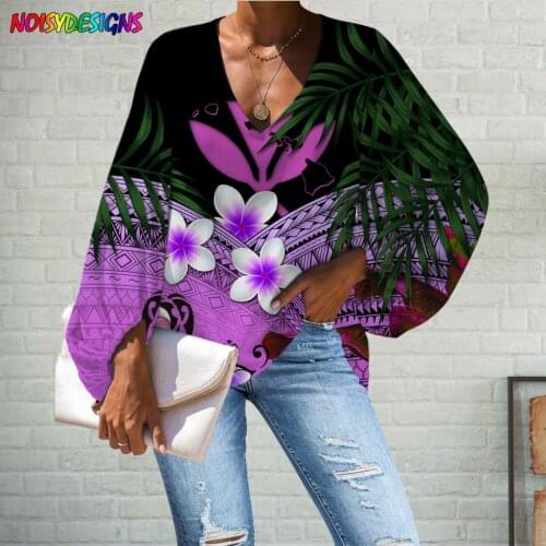 NOISYDESIGNS Chiffon Clothing for Ladies Fashion Samoan Plumeria Print Women Spring Autumn Casual Sexy V-neck Long Sleeve Tops