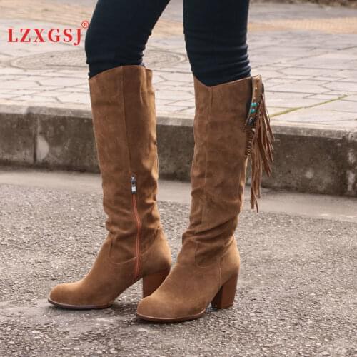2021 New Fashion Women Shoes Knee-high Western Ridding Brown Boots Lady Wedge Heel Tassels Cowboy Long Boots Autumn Female Shoes