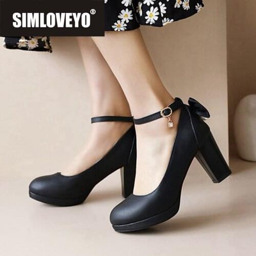 SIMLOVEYO New 2021 Women Pumps Round Toe 7.5cm Block Heels Buckle Crystal Bling Classic Bowtie Big Size 31-43 Casual A3847