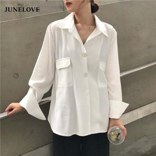 JuneLove women solid Tops Vintage Office Lady Turn-down Collar Button Full Spring New Blusas Mujer De Moda Simple Blouses Shirts