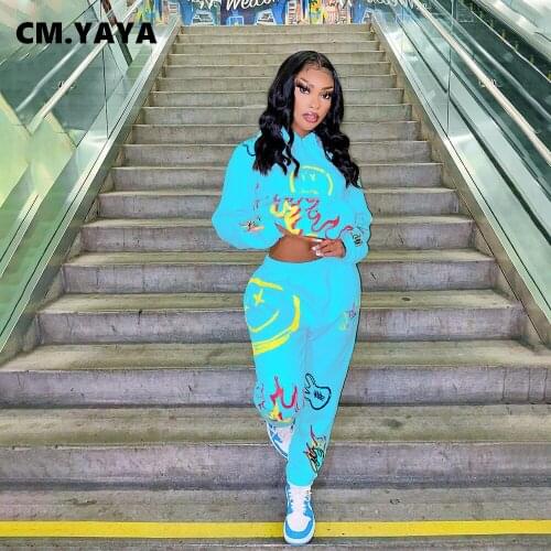 CM.YAYA Women Tracksuit Print Hooded Crop Tops + Stretchy Pants Two 2 Piece Sets Jogging Pants Sets Active Sweatsuit Fall Outfit