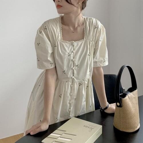 2021 New Women Summer Vintage Long Shirt Dress Lace Square Collar Flower Embroidery High Waist A-line Sundress