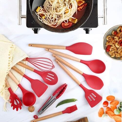 Silicone Cooking Utensils Non-stick Kitchenware With Spoon Holder Wooden Handle Kitchen Accessories Cooking Tools Set Red