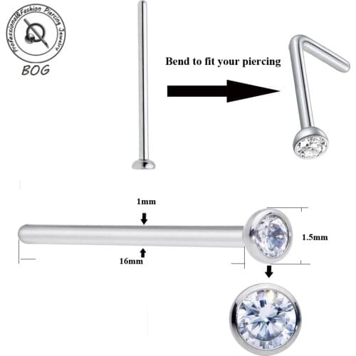 10PCS Surgical Steel long shaft Nose Ring CZ Gem Bendable Nose Stud White Gem Straight Bar Nose Bone Ring Piercing Body jewelry