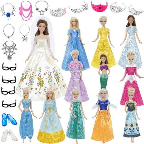 2x Dresses / Plastic Jewelry Toy Fairy Tale Ball Gown Cartoon Princess Accessories for Barbie Doll Clothes Baby Girl Toys