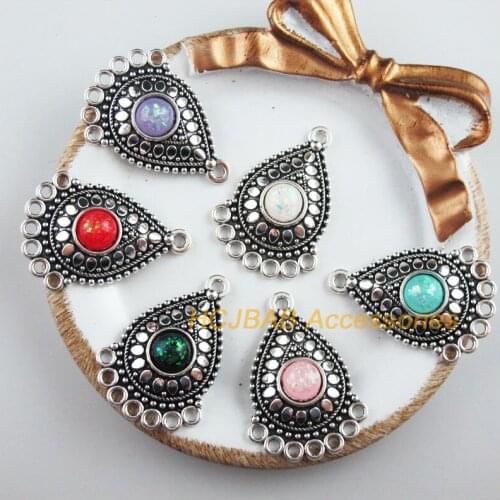 6 New Teardrop Charms Tibetan Silver Tone Retro Mixed Round Resin Connectors 25.5x36mm