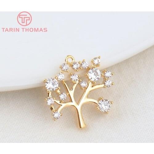 4PCS 15x16MM Hole 0.8MM 24K Gold Color Plated Brass with Zircon Tree Charms Pendants High Quality Jewelry Accessories