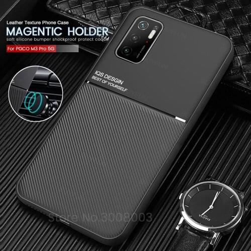 Car magnetic holder leather texture para fundas for little poko m 3 pro case covers poco m3 pro silicone frame shockproof coque
