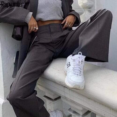 Rapwriter Casual High Waist Straight Pants For Women Suit Pants 2021 Streetwear Ladies Loose Trousers Pockets Full Length Bottom