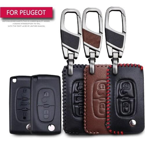 KUKAKEY Flip Folding Car Key Case For Peugeot RCZ 107 206 207 208 306 307 308 407 408 Leather Keychain Keyring Key Holder Cover