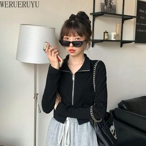 WERUERUYU Black Jacket Street Wear Womens Coats Long Sleeve Turn-Down Zipper Short Jacket 2020 Fashion