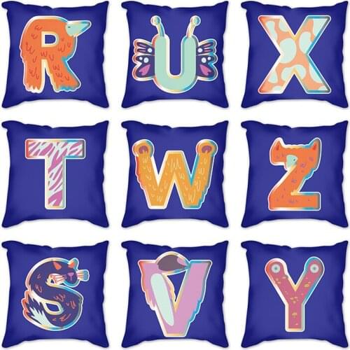 Decorative Creative Blue animals 26 English letters Pillow Case Linen Cushion Cover Car Sofa Seat Waist Home Sofa Office Chair