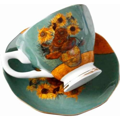Nice Famous Oil Painting Design Bone China Coffee Cup Saucer Sets Sunflower Starry Night Art Tea Glass Tasse Cafe Tazas