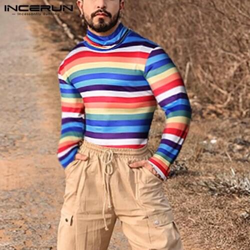 INCERUN Man Fitness Sexy Jumpsuit Tops Mens Long Sleeve Turtleneck Bodysuit T-Shirts Fashion Colorful Striped Romper Tees 5XL 7