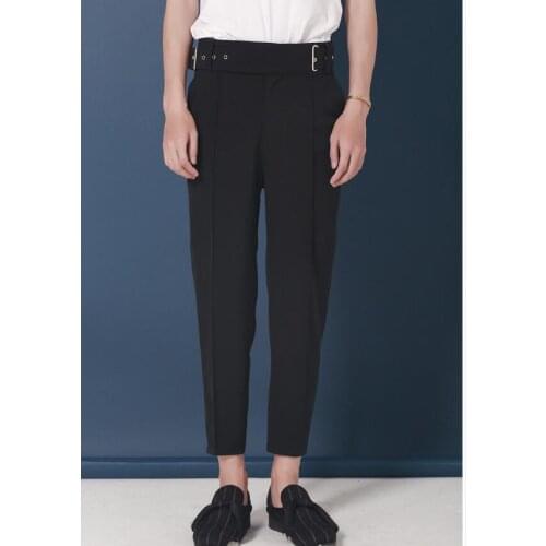 M-3xl Original Mens Belt Decoration Slim Nine Points Pants Small Trousers Feet Tapered Pants Pure Color Tide Hairstylist Pants