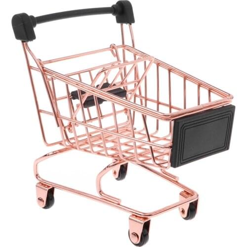 Mini Rose Gold Shopping Cart Desktop Cosmetic Brush Small Storage Basket Puff Organizer Metal Trolley