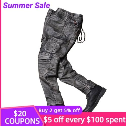 2021 Vintage Grey Men Bikers Leather Trousers Large Size XXXXL Genuine Cowhide Autumn Slim Fit Motorcycle Leather Pants