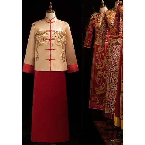 Men Banquet Chinese Traditional Mandarin Collar Wedding Dress High-Quality Bridegroom Embroidery Cheongsam китайская одежда