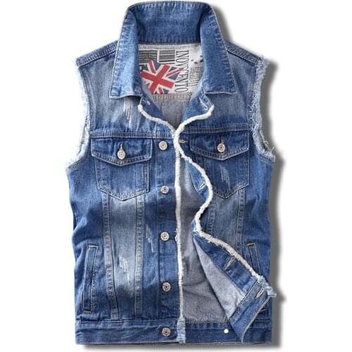Mens jeans vest men Classic Vintage Sleeveless Jackets Patch Style Ripped Cowboy Denim Vest