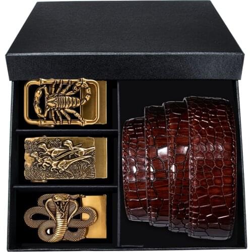 Hi-Tie Men Crocodile Belts For Male Design Wedding Business New Fashion Red Cowskin Leather Automatic Metal Buckle Belt Gift Set