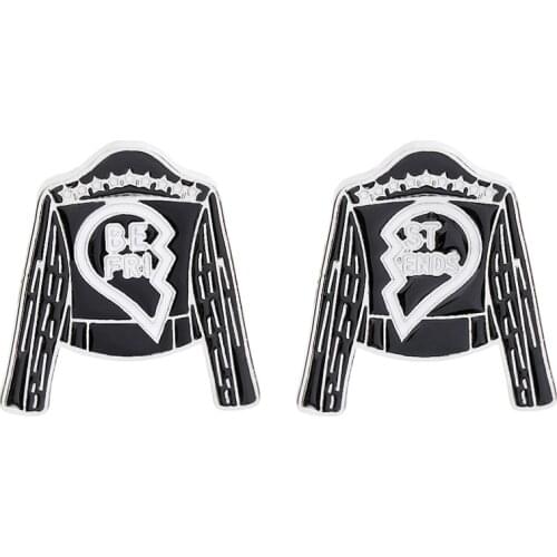 New 2 pcs/set Black Leather Jackets Broken Heart Brooches Best Friends Enamel Brooch Forever Friendship Lapel Pins