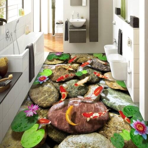 Beibehang Wallpaper For Bedroom Walls 3D PVC Mural Self-adhesive Waterproof Wallpaper Stone Carp Lotus 3D Floor Sticker Tiles